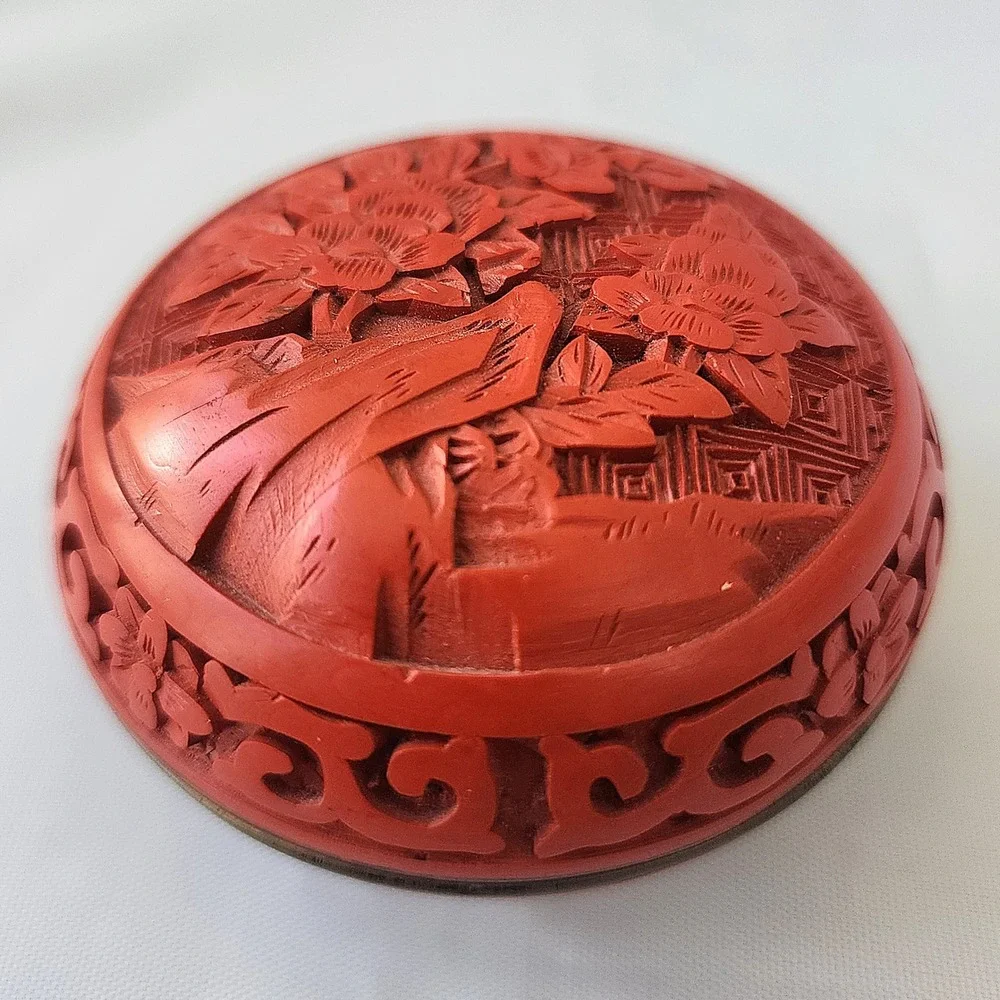 Chinese Cinnabar Lacquer Carved Floral Round Trinket Box Ancient Rare‎ Fine Art